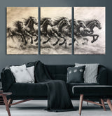 56089591-MGV-CV-60X30-3P-Galloping Horses Wall Art Canvas Print, Framed Wild Stallions Art Picture Print, Horse Herd Sketch Perfect Monochrome Dynamic