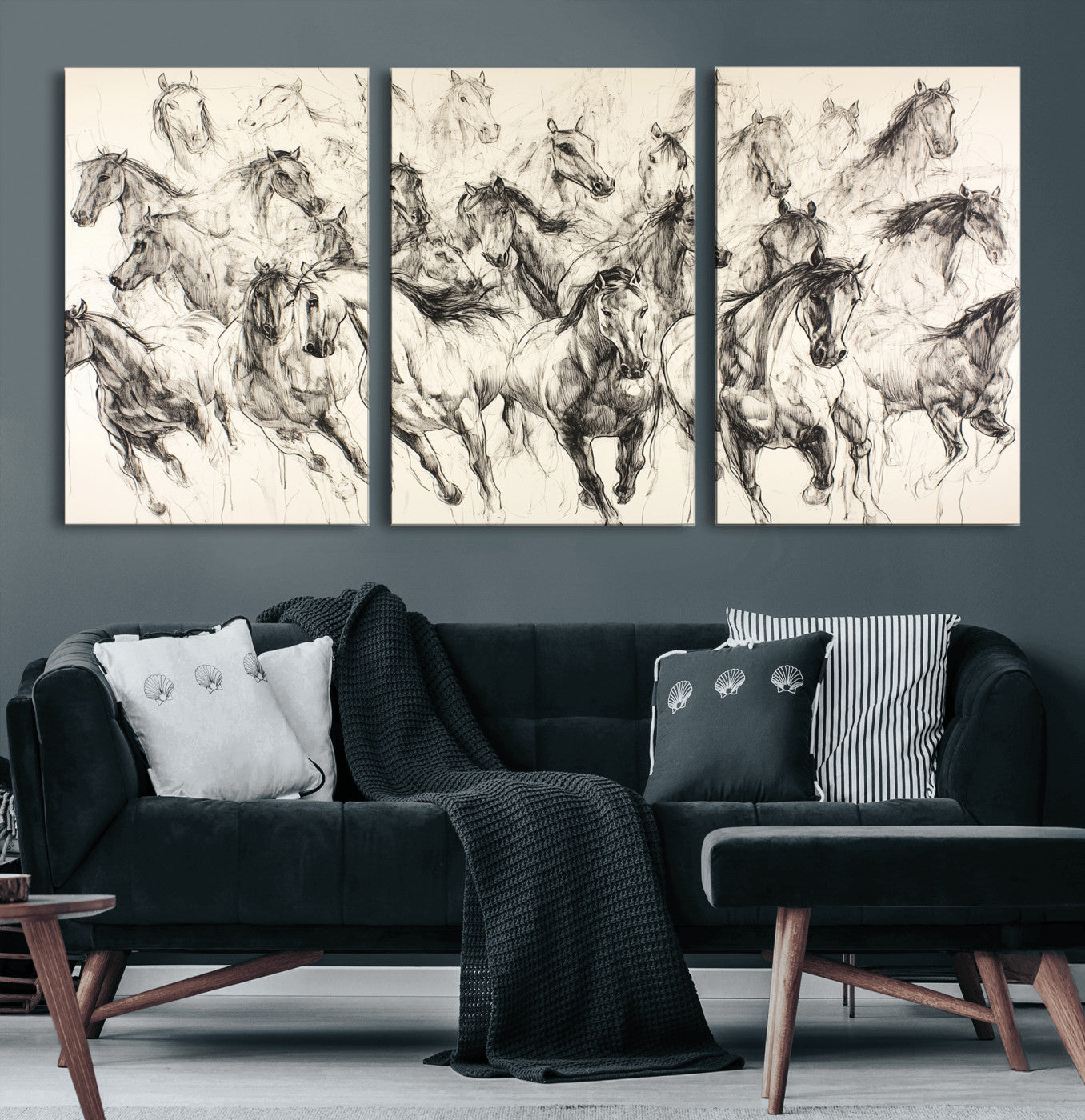 19433417-MGV-CV-60X30-3P-Running Horses Wall Art Canvas Print, Framed Horse Sketch Art Picture Print, Galloping Herd Perfect Monochrome Western Decor