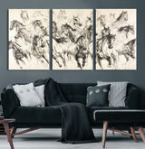 19433417-MGV-CV-60X30-3P-Running Horses Wall Art Canvas Print, Framed Horse Sketch Art Picture Print, Galloping Herd Perfect Monochrome Western Decor