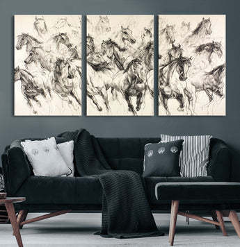 19433417-MGV-CV-60X30-3P-Running Horses Wall Art Canvas Print, Framed Horse Sketch Art Picture Print, Galloping Herd Perfect Monochrome Western Decor