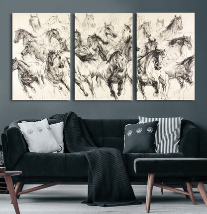 19433417-MGV-CV-60X30-3P-Running Horses Wall Art Canvas Print, Framed Horse Sketch Art Picture Print, Galloping Herd Perfect Monochrome Western Decor