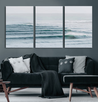 73969318-MGV-CV-36X24-Ocean Waves Wall Art Canvas Print, Framed Surfer Lineup Art Picture Print, Crowded Ocean Perfect Minimal Coastal Decor Artwork