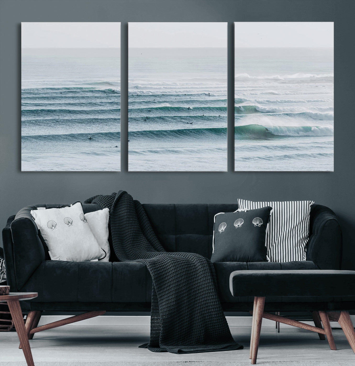 73969318-MGV-CV-60X30-3P-Ocean Waves Wall Art Canvas Print, Framed Surfer Lineup Art Picture Print, Crowded Ocean Perfect Minimal Coastal Decor Artwork
