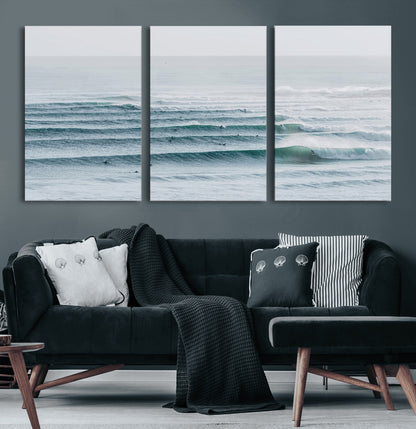 73969318-MGV-CV-60X30-3P-Ocean Waves Wall Art Canvas Print, Framed Surfer Lineup Art Picture Print, Crowded Ocean Perfect Minimal Coastal Decor Artwork
