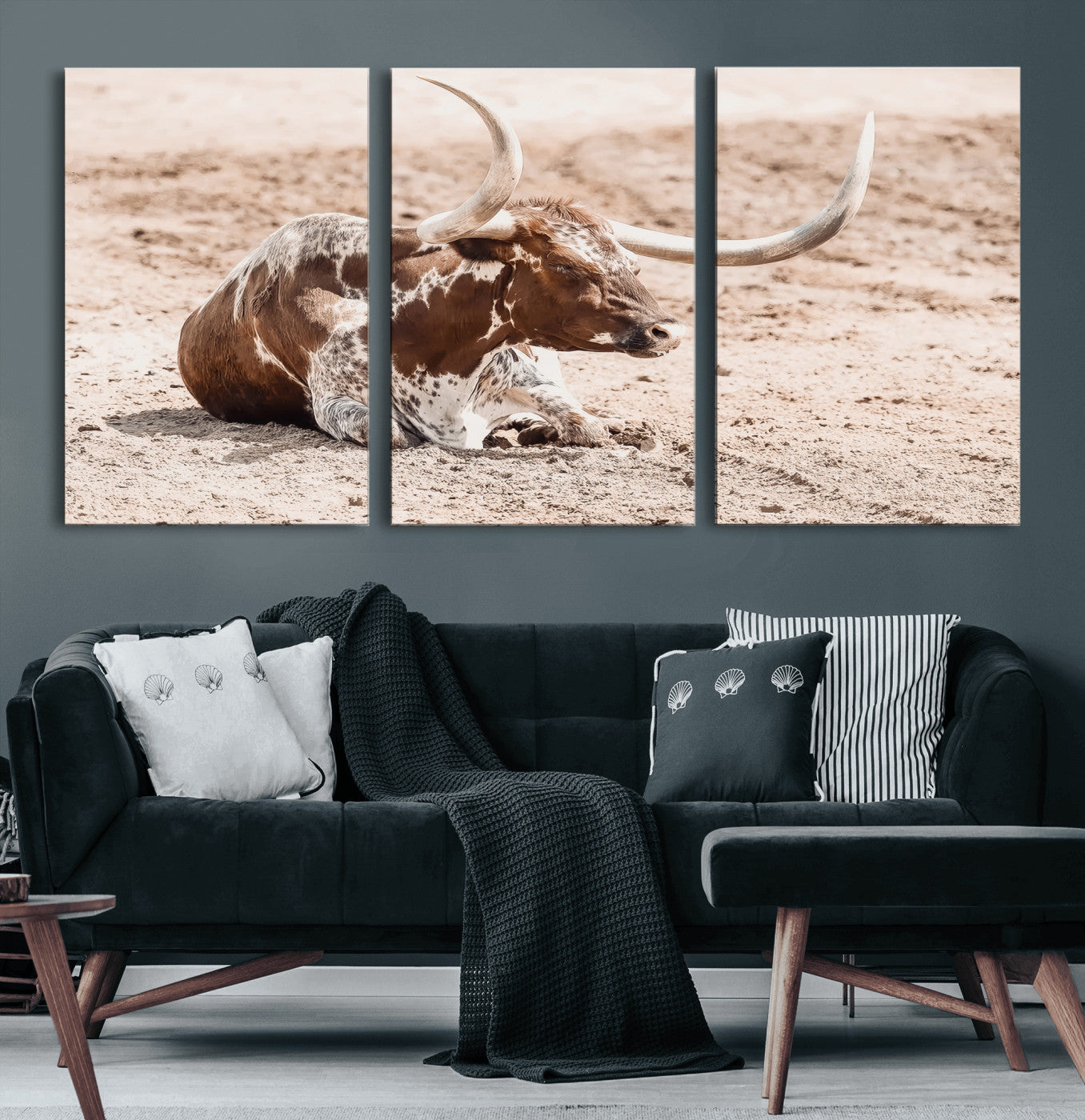25407592-MGV-CV-36X24-Texas Longhorn Wall Art Canvas Print, Framed Resting Bull Art Picture Print, Spotted Cattle Perfect Rustic Western Decor Artwork