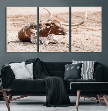 25407592-MGV-CV-36X24-Texas Longhorn Wall Art Canvas Print, Framed Resting Bull Art Picture Print, Spotted Cattle Perfect Rustic Western Decor Artwork