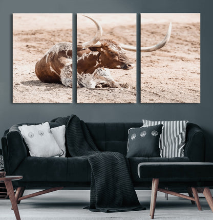 25407592-MGV-CV-36X24-Texas Longhorn Wall Art Canvas Print, Framed Resting Bull Art Picture Print, Spotted Cattle Perfect Rustic Western Decor Artwork