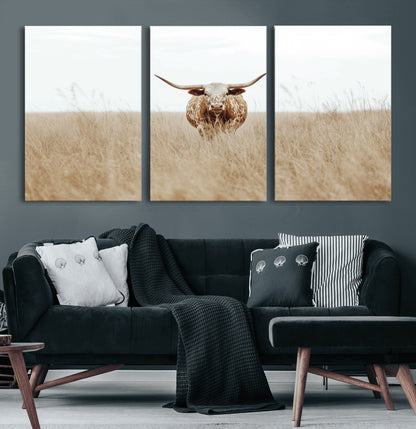 20927060-MGV-CV-60X30-3P-Texas Longhorn Wall Art Canvas Print, Framed Lone Cattle Art Picture Print, Longhorn Bull Perfect Rustic Western Decor Artwork