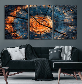 81894502-MGV-CV-60X30-3P-Burnt Wood Wall Art Canvas Print, Framed Aged Timber Art Picture Print, Rustic Tree Slice Perfect Rustic Decor Artwork for Home,