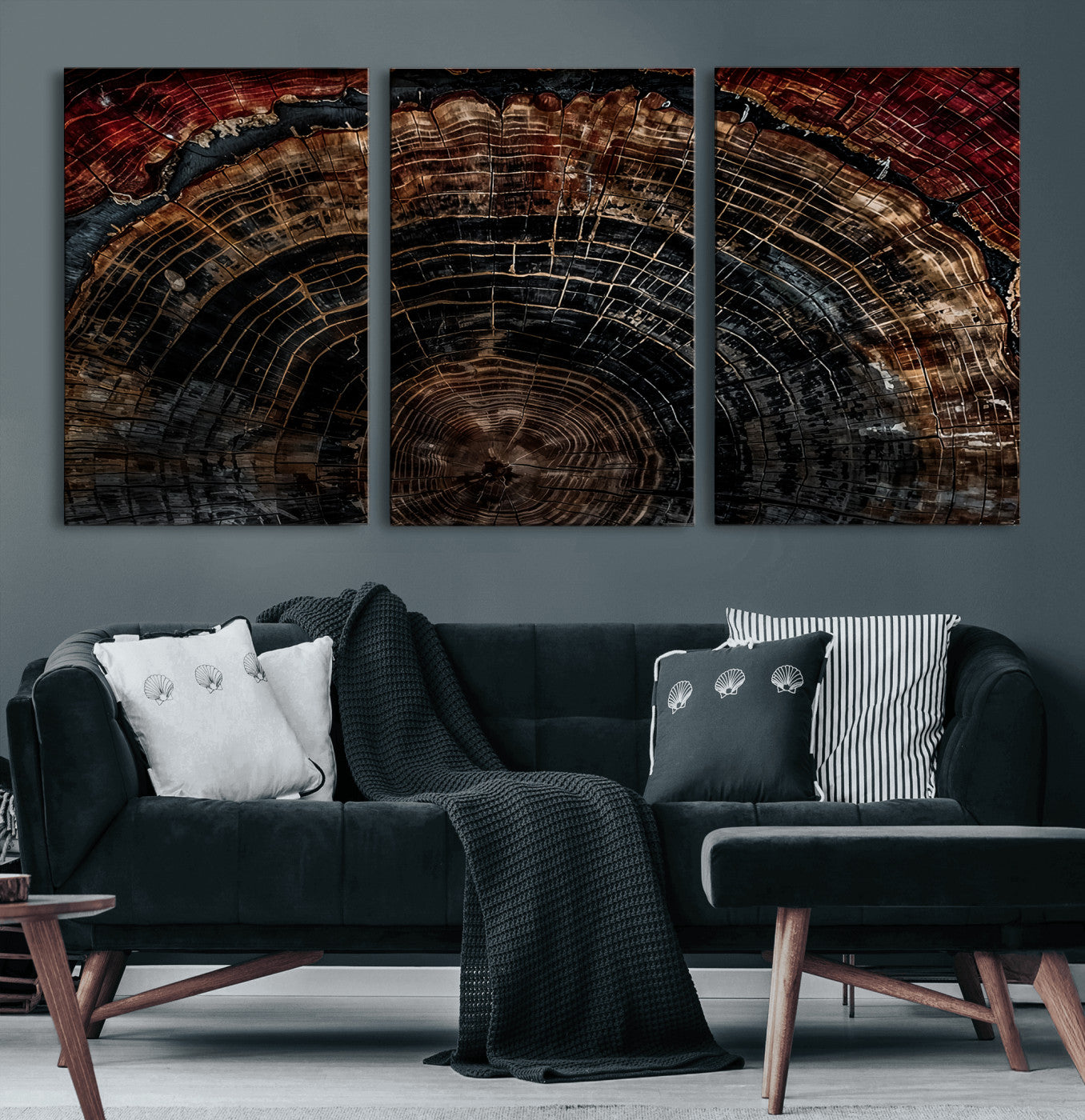 43686762-MGV-CV-60X30-3P-Dark Wood Ring Wall Art Canvas Print, Framed Abstract Wood Tree Art Picture Print, Rustic Tree Slice Perfect Rustic Decor Artwork