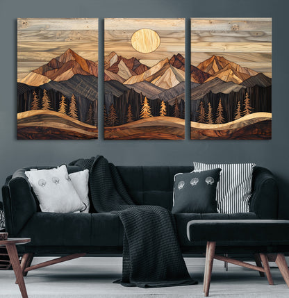 50100230-MGV-CV-60X30-3P-Wooden Mountain Wall Art – Rustic Nature Landscape Canvas Print, Handmade Style Sun, Forest, and Peaks Artwork for Living Room,