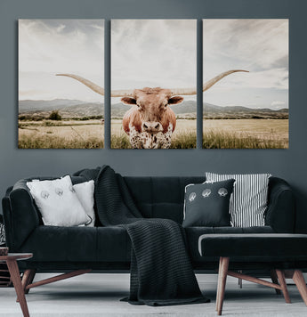 80054319-MGV-CV-60X30-3P-Longhorn Wall Art – Rustic Western Canvas Print, Majestic Bull Artwork for Farmhouse, Ranch or Living Room
