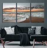 40632752-MGV-CV-60X30-3P-Ocean Sunset Wall Art Canvas Print, Framed Beach Waves Art Picture Print, Coastal Scene Perfect Coastal Decor Artwork