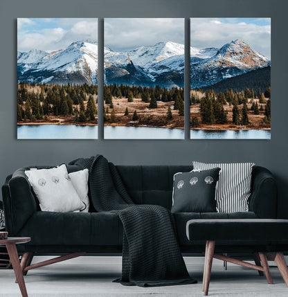 36247746-MGV-CV-36X24-Snowy Peaks Wall Art Canvas Print, Framed Alpine Lake Art Picture Print, Pine Forest Perfect Alpine Wilderness Decor Artwork