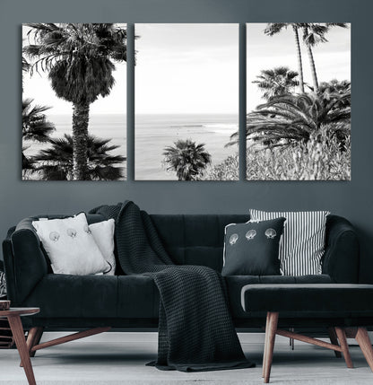 89458520-MGV-CV-60X30-3P-Palm Trees Wall Art Canvas Print, Framed Coastal View Art Picture Print, Ocean Horizon Perfect Monochrome Coast Decor Artwork
