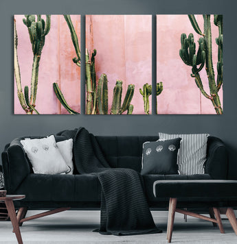 93119502-MGV-CV-60X30-3P-Tall Cactus Wall Art Canvas Print, Framed Pink Wall Art Picture Print, Cactus Lines Perfect Modern Desert Decor Artwork