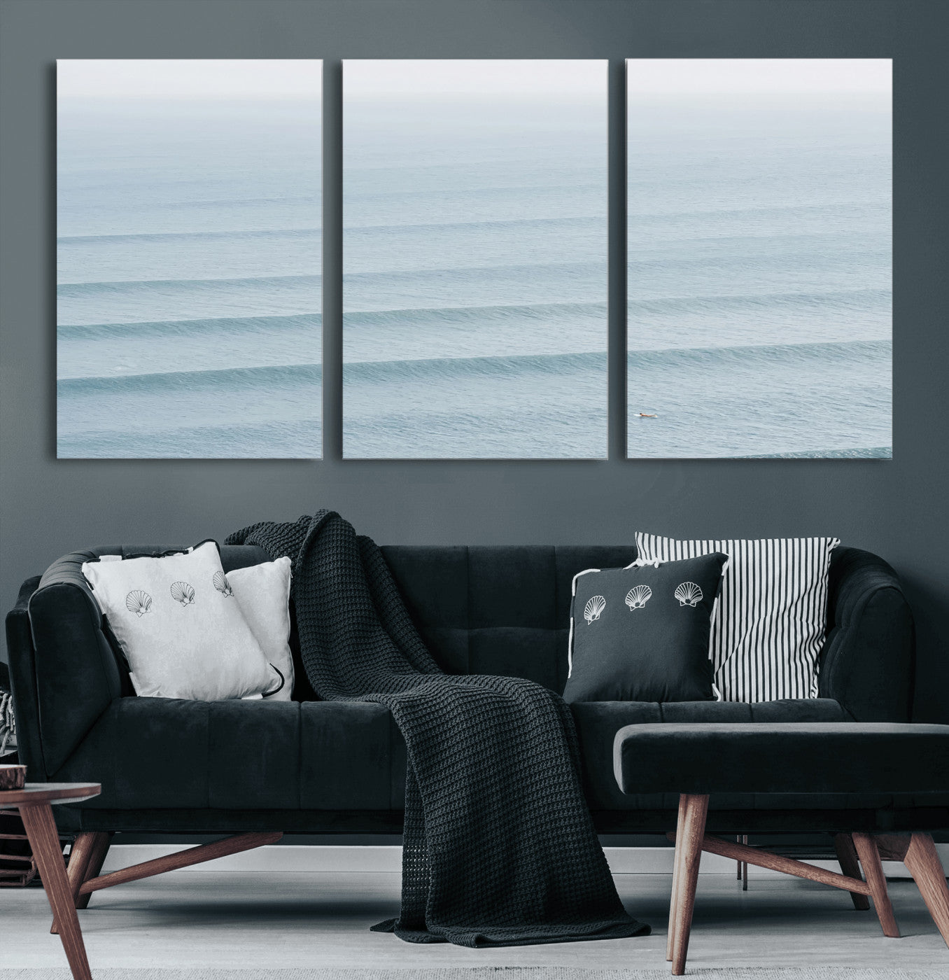 47814787-MGV-CV-36X24-Ocean Waves Wall Art Canvas Print, Framed Solo Surfer Art Picture Print, Wave Lines Perfect Minimalist Ocean Decor Artwork