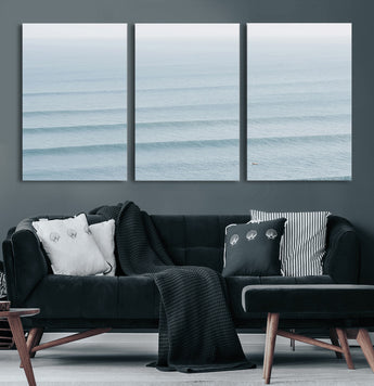 47814787-MGV-CV-36X24-Ocean Waves Wall Art Canvas Print, Framed Solo Surfer Art Picture Print, Wave Lines Perfect Minimalist Ocean Decor Artwork