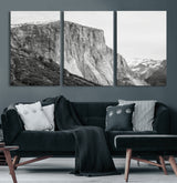 39393420-MGV-CV-60X30-3P-El Capitan Wall Art Canvas Print, Framed Yosemite Cliff Art Picture Print, Monochrome Mountain Perfect Monochrome Sierra Decor