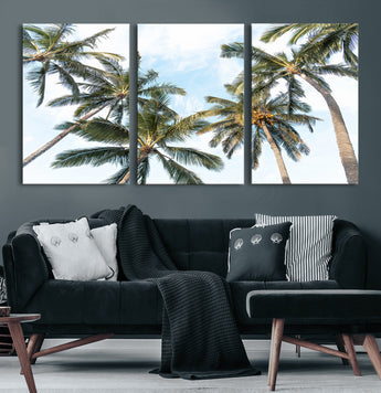 87247012-MGV-CV-36X24-Skyward Palm Trees Wall Art Canvas Print, Framed Tropical Sky Art Picture Print, Coconut Palm Perfect Tropical Skyview Decor