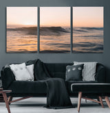46299358-MGV-CV-60X30-3P-Sunset Waves Wall Art Canvas Print, Framed Ocean Horizon Art Picture Print, Golden Water Perfect Golden Hour Coastal Decor Artwork