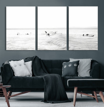 33449548-MGV-CV-36X24-Group Surfers Wall Art Canvas Print, Framed Ocean Wave Art Picture Print, Surf Crowd Perfect Monochrome Surf Decor Artwork