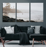 62501405-MGV-CV-36X24-Misty Beach Wall Art Canvas Print, Framed California Surfer Art Picture Print, Coastal Cliff Perfect Coastal Beach Decor Artwork