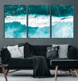23828594-MGV-CV-36X24-Aerial Waves Wall Art Canvas Print, Framed Ocean Break Art Picture Print, Sea Foam Perfect Tropical Coastal Decor Artwork