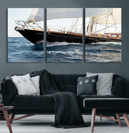97168626-MGV-CV-60X30-3P-Sailing Yacht Wall Art Canvas Print, Framed Wooden Yacht Art Picture Print, Ocean Waves Perfect Nautical Coastal Decor Artwork