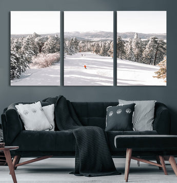 62119206-MGV-CV-36X24-Snowy Trail Wall Art Canvas Print, Framed Ski Slope Art Picture Print, Winter Pines Perfect Alpine Adventure Decor Artwork
