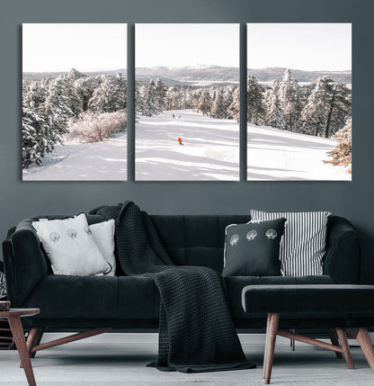 62119206-MGV-CV-36X24-Snowy Trail Wall Art Canvas Print, Framed Ski Slope Art Picture Print, Winter Pines Perfect Alpine Adventure Decor Artwork