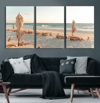 58507949-MGV-CV-36X24-Beach Umbrellas Wall Art Canvas Print, Framed Empty Loungers Art Picture Print, Soft Sand Perfect Minimalist Seaside Decor Artwork