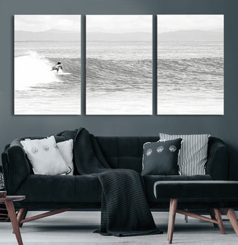 81535128-MGV-CV-36X24-Surfer Woman Wall Art Canvas Print, Framed Black Ocean Art Picture Print, Ocean Surfing Perfect Monochrome Coastal Decor Artwork