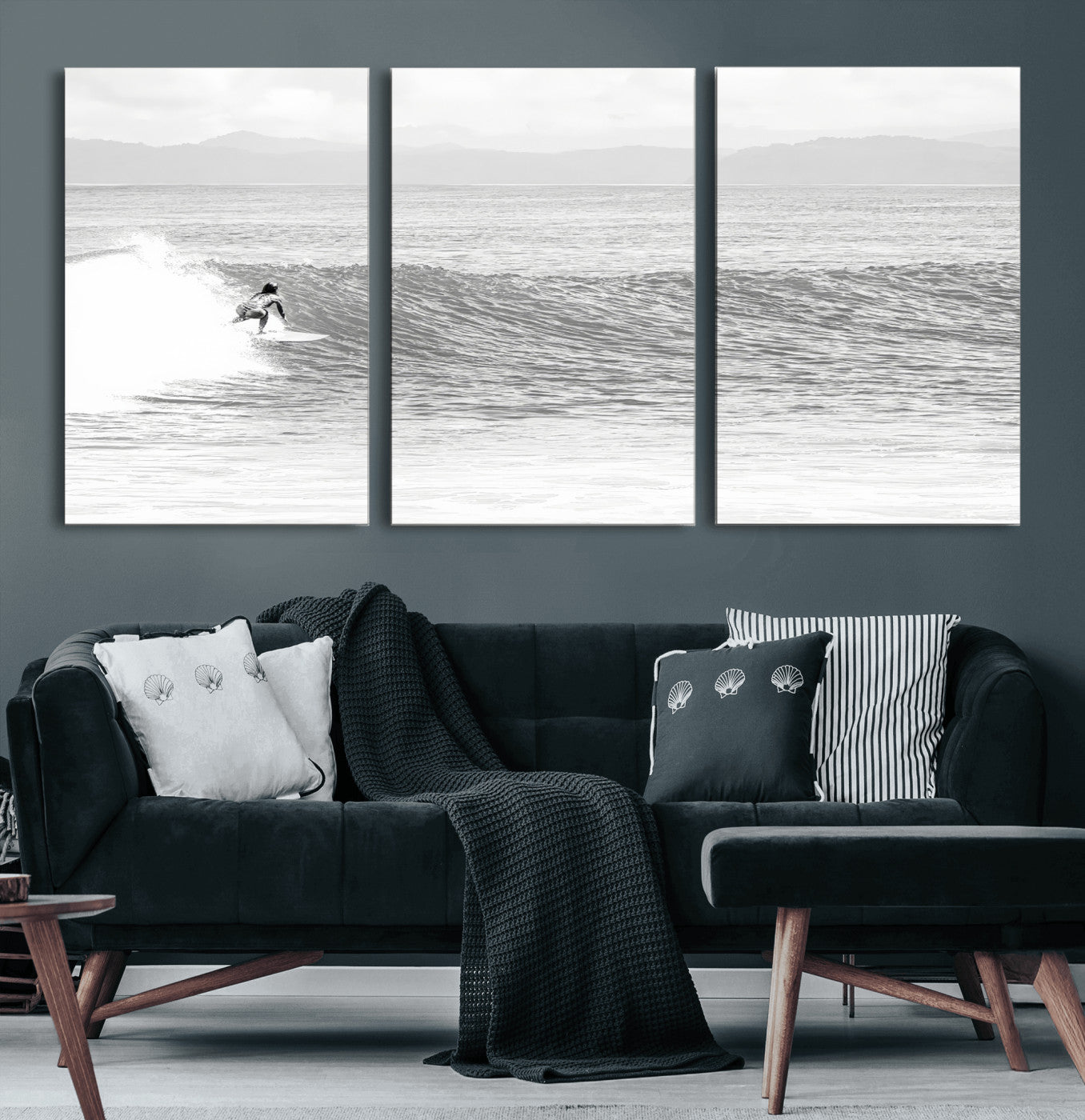 81535128-MGV-CV-60X30-3P-Surfer Woman Wall Art Canvas Print, Framed Black Ocean Art Picture Print, Ocean Surfing Perfect Monochrome Coastal Decor Artwork