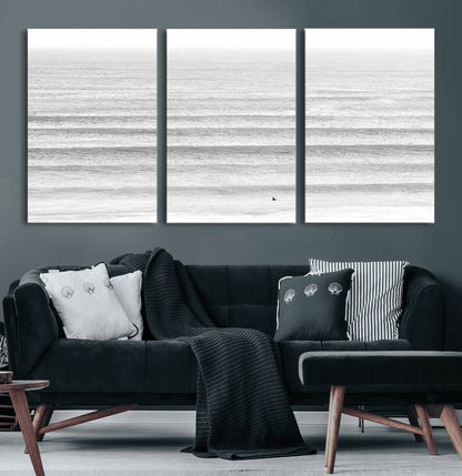 66534476-MGV-CV-60X30-3P-Lone Surfer Wall Art Canvas Print, Framed Ocean Waves Art Picture Print, Minimal Sea Perfect Minimal Coastal Decor Artwork