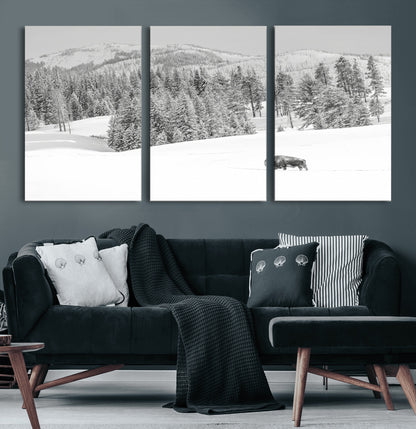 68081143-MGV-CV-36X24-Snowy Bison Wall Art Canvas Print, Framed Winter Forest Art Picture Print, Lone Bison Perfect Monochrome Winter Wild Decor Artwork