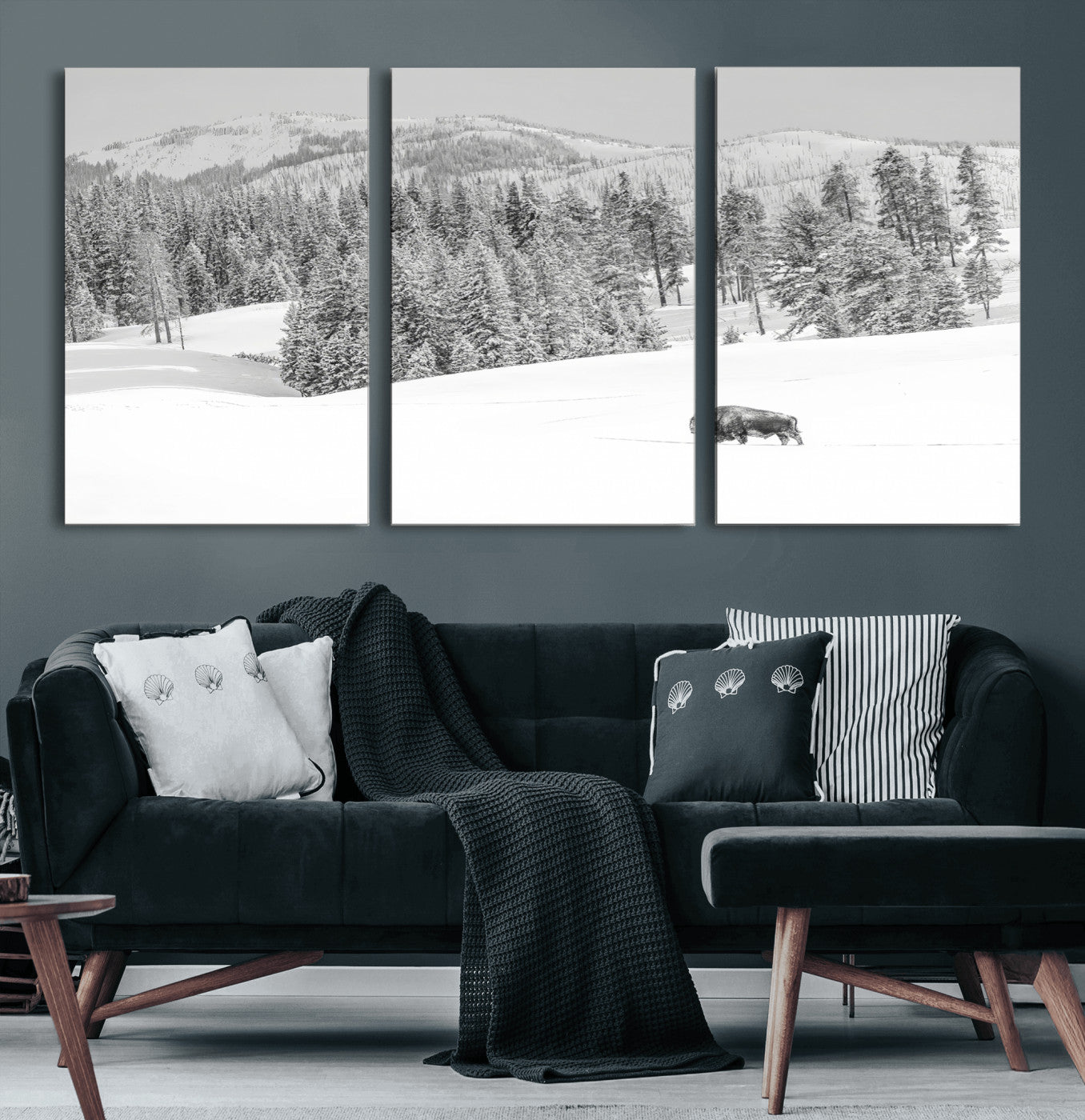 68081143-MGV-CV-60X30-3P-Snowy Bison Wall Art Canvas Print, Framed Winter Forest Art Picture Print, Lone Bison Perfect Monochrome Winter Wild Decor Artwork