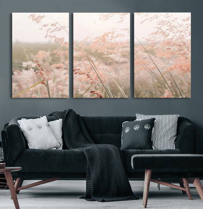 79164340-MGV-CV-60X30-3P-Pastel Grasses Wall Art Canvas Print, Framed Soft Meadow Art Picture Print, Field in Breeze Perfect Pastel Minimal Decor Artwork