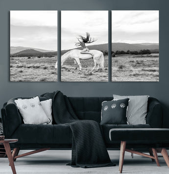 62789800-MGV-CV-36X24-White Horse Wall Art Canvas Print, Framed Woman Rider Art Picture Print, Equestrian Pose Perfect Western Boho Decor Artwork