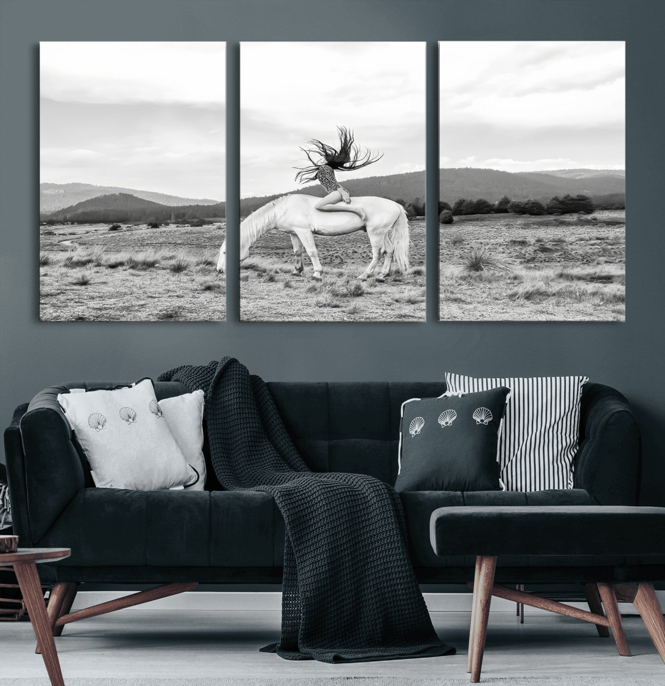62789800-MGV-CV-60X30-3P-White Horse Wall Art Canvas Print, Framed Woman Rider Art Picture Print, Equestrian Pose Perfect Western Boho Decor Artwork