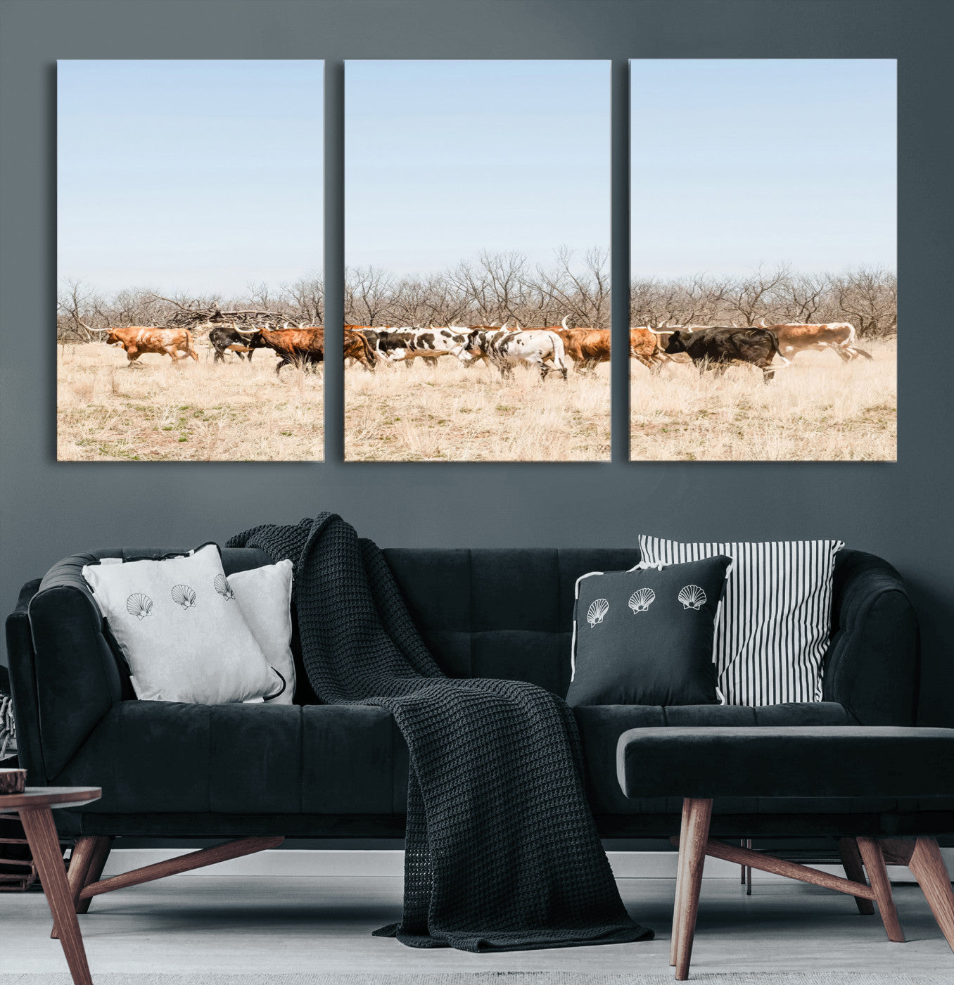 16563092-MGV-CV-36X24-Texas Longhorns Wall Art Canvas Print, Framed Western Cattles Art Picture Print, Rustic Herd Perfect Rustic Farmhouse Decor
