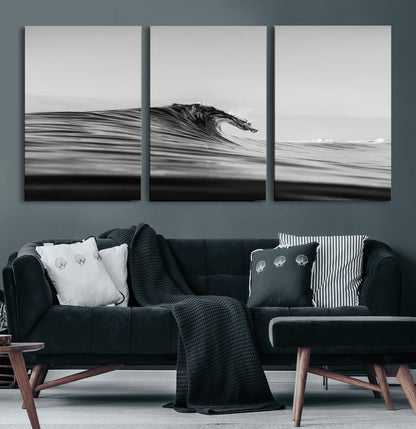 24029476-MGV-CV-36X24-Black Wave Wall Art Canvas Print, Framed Abstract Surf Art Picture Print, Minimalist Ocean Perfect Minimalist Coastal Decor