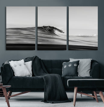 24029476-MGV-CV-60X30-3P-Black Wave Wall Art Canvas Print, Framed Abstract Surf Art Picture Print, Minimalist Ocean Perfect Minimalist Coastal Decor