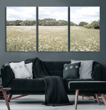 43258946-MGV-CV-60X30-3P-Daisy Field Wall Art Canvas Print, Framed Pastel Flower Art Picture Print, Meadow Bloom Perfect Scandinavian Minimalist Decor