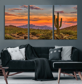 25332783-MGV-CV-36X24-Saguaro Cactus Wall Art Canvas Print, Framed Arizona Sunset Art Picture Print, Sonoran Desert Perfect Southwestern Boho Decor