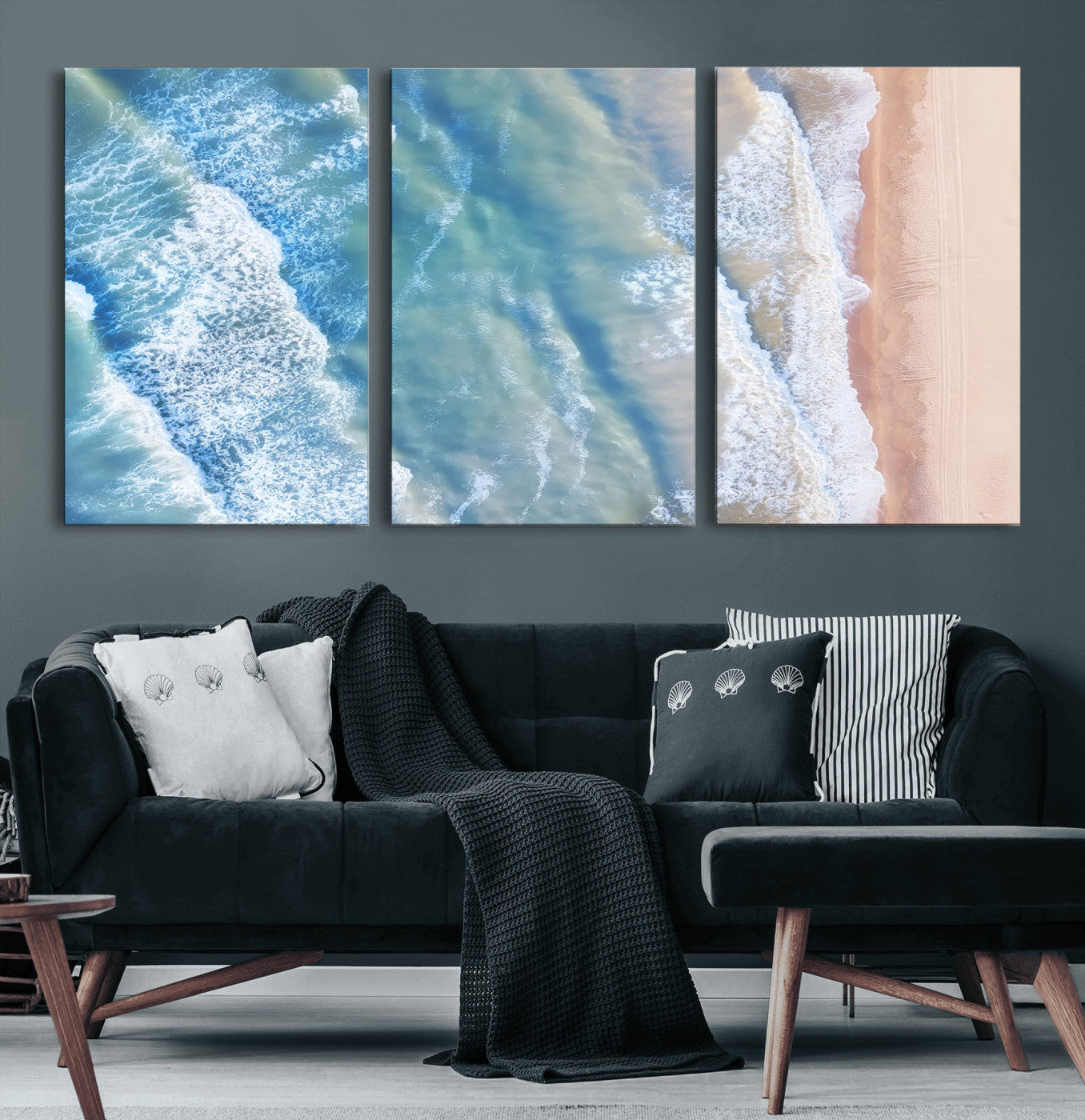 17641845-MGV-CV-60X30-3P-Aerial Ocean Wall Art Canvas Print, Framed Blue Waves Art Picture Print, Sandy Shoreline Perfect Modern Coastal Decor Artwork