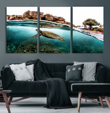 44200301-MGV-CV-60X30-3P-Sea Turtle Swim Wall Art Canvas Print, Framed Ocean Life Art Picture Print, Tropical Shoreline Perfect Tropical Coastal Decor
