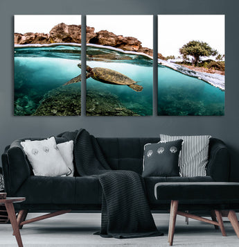 44200301-MGV-CV-60X30-3P-Sea Turtle Swim Wall Art Canvas Print, Framed Ocean Life Art Picture Print, Tropical Shoreline Perfect Tropical Coastal Decor
