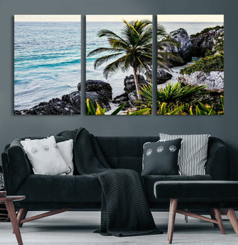 94669907-MGV-CV-60X30-3P-Tropical Coastline Wall Art Canvas Print, Framed Palm Tree Art Picture Print, Rocky Beach Perfect Tropical Coastal Decor Artwork