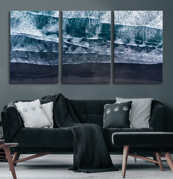 87941475-MGV-CV-36X24-Black Beach Wall Art Canvas Print, Framed Aerial Ocean Art Picture Print, Moody Coastal Perfect Modern Coastal Decor Artwork